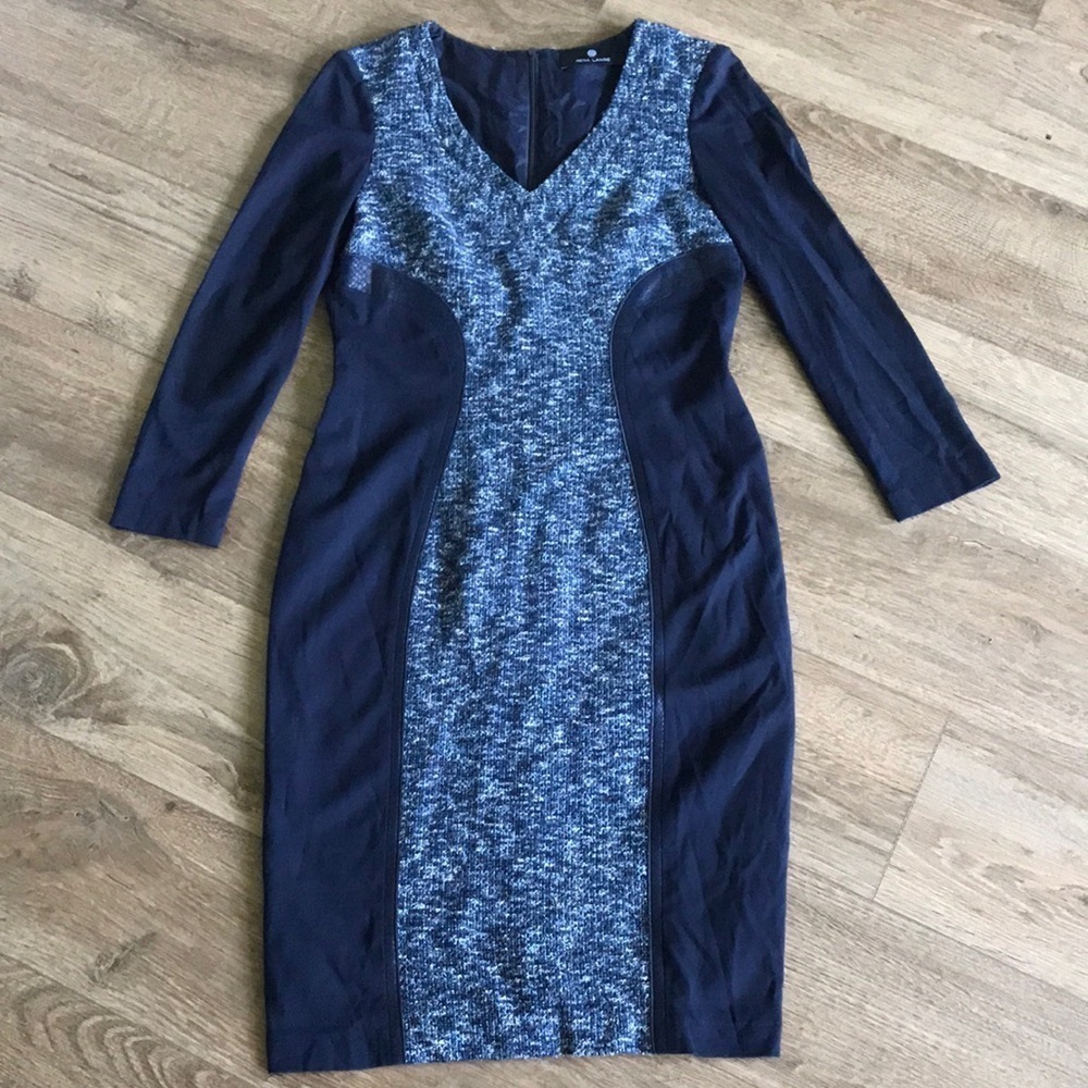 Rena Lange Mixed Media Tweed Pencil Bodycon Midi Dress. Size 8us Career Designer